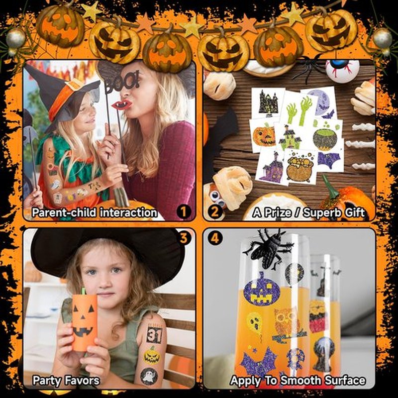 EMOME 408 PCS Glitter Halloween Tattoos for Kids, Cute Temporary Tattoo Stickers for Halloween Birthday Party Decorations, Individual Wrapped Halloween Non-Candy Treats Gifts for Kids Tattoos Bulk
