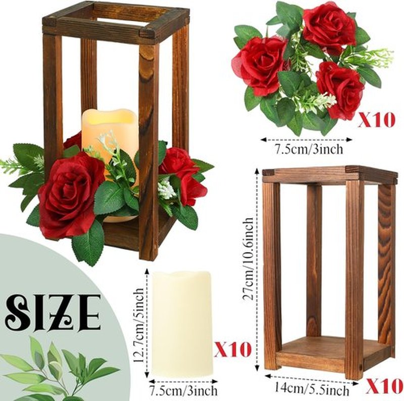 Hushee Wedding Lantern Centerpiece - 30 Pcs Rustic Wooden Holders with Candles | Farmhouse Decor (Brown & Red)