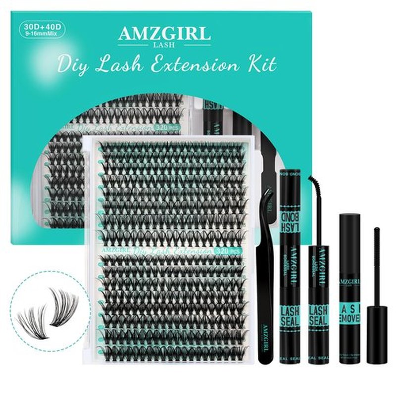 AMZGIRL LASH Clusters Kit 320Pcs, DIY Individual Extensions with Lash Bond and Seal, Remover For False Eyelashes, Applicator Tool Kit At Home(3040D,D-Mix9-16mm, Black