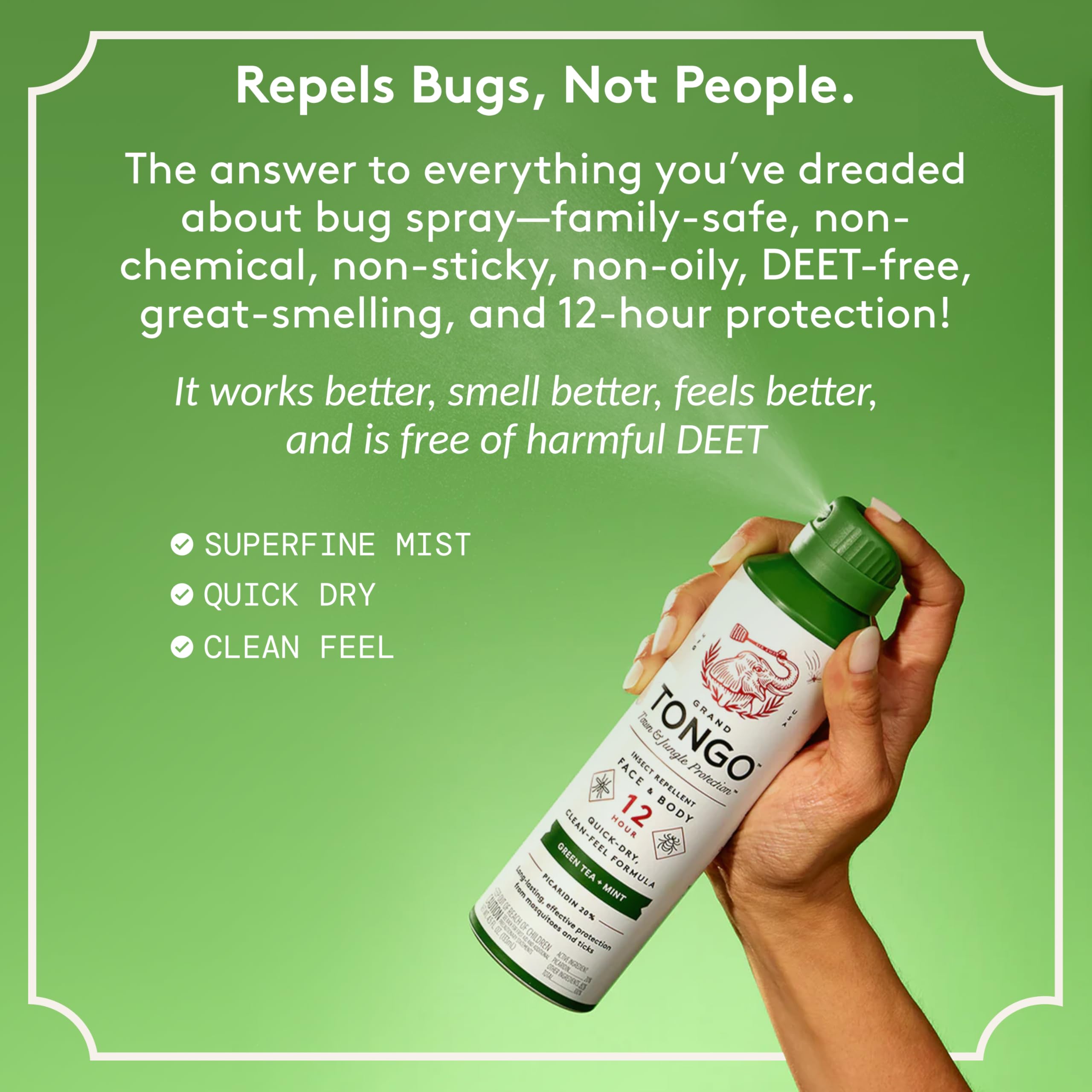 Grand Tongo DEET-Free Green Tea + Mint Insect Repellent with Picaridin- The 12 Hour Protection, DEET Alternative