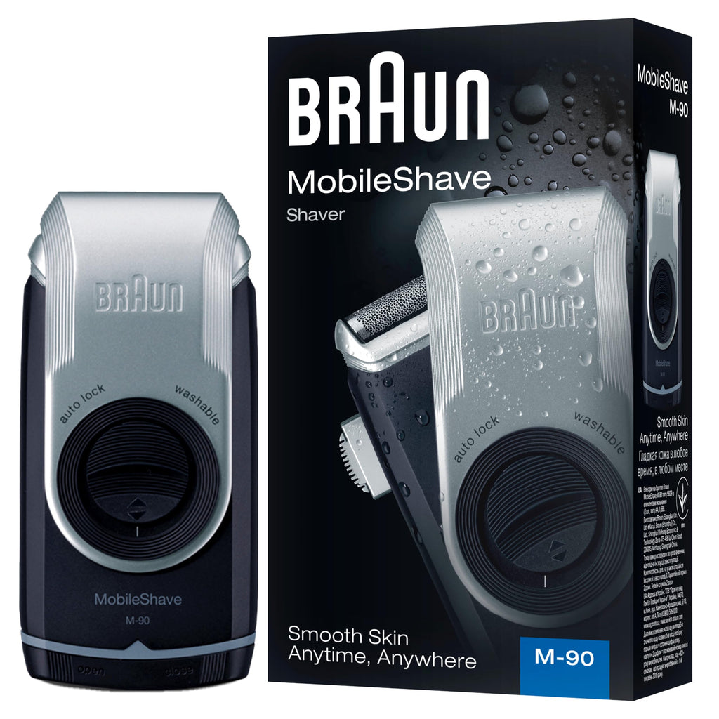 Braun MobileShave M-90 Travel Shaver Silver (Precision Trimmer, Smart Foil, Wide Floating Foil, Washable)