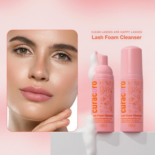 CURACORO 60ML Eyelash Extension Cleanser - Lash Shampoo for Lash Extensions, Eyelash Extension Foam Cleanser for Dry & Sensitive Skin, Gently Removes Waterproof Makeup for Professional & Home Use
