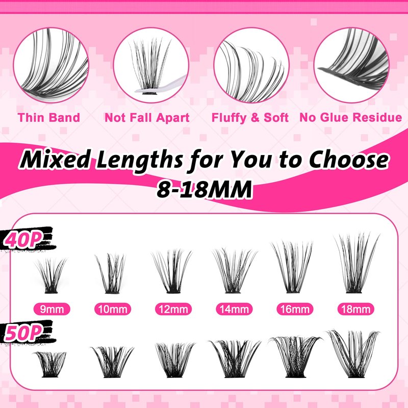 wiwoseo Wispy Lash Clusters Eyelash Extensions Natural Eyelash Clusters 560pcs Individual Lashes 40p+50p DIY Lash Extensions Cluster Lashes Natural Look Lashes Clusters for Beginners (8-18MM)