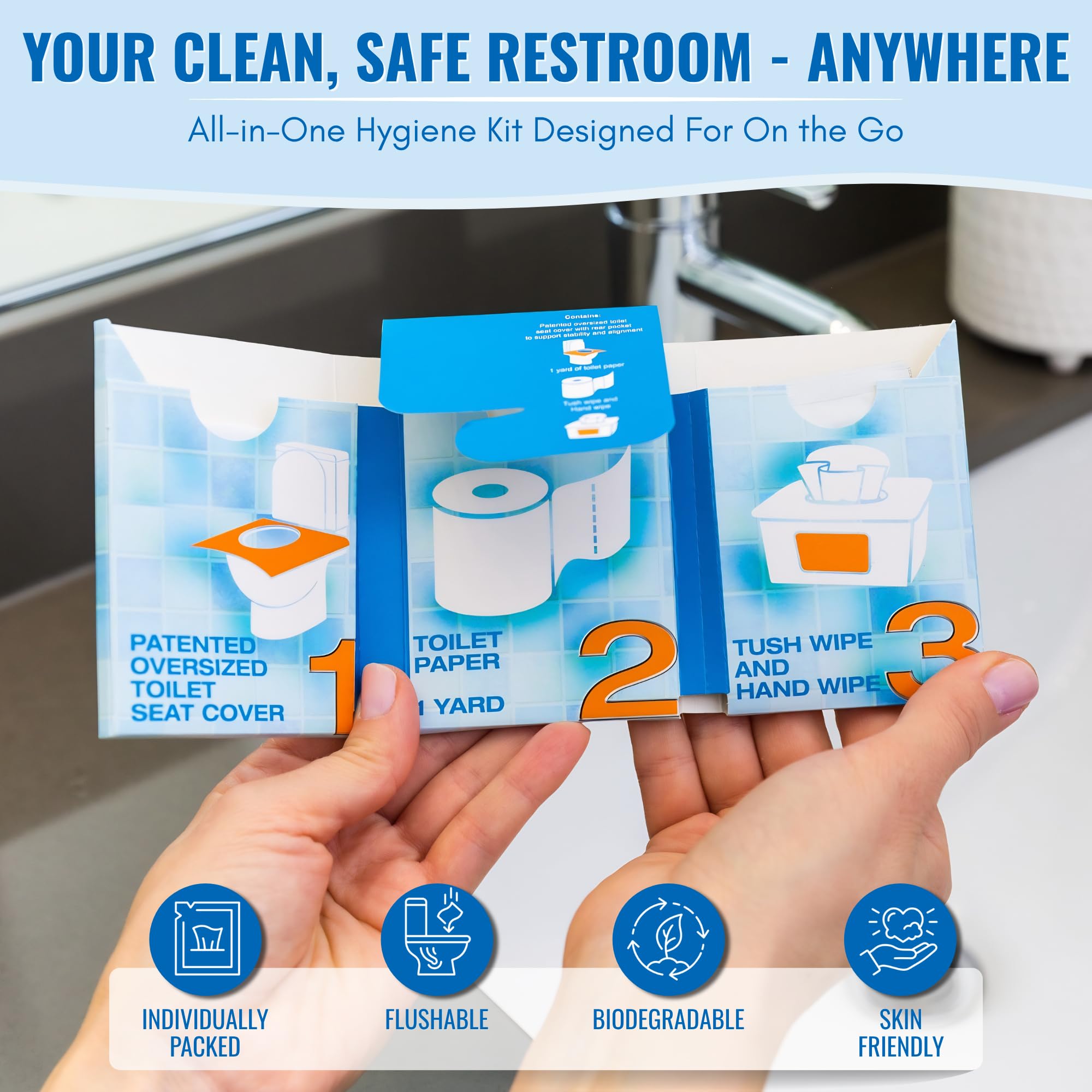 The Restroom Kit Great for travel (12-Pack) Portable Disposable Oversized Toilet Seat Cover, 3ft 3Ply Toilet Paper, Hand & Flushable Tush Wipe.