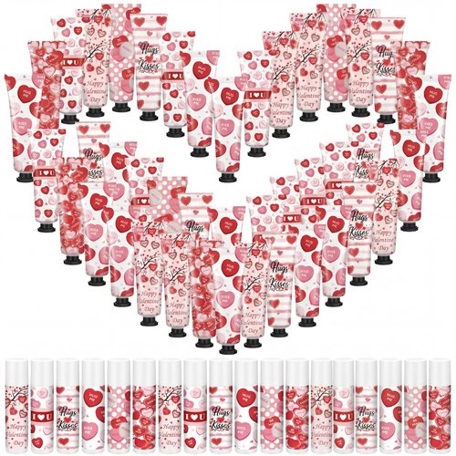 Demissle 36 Sets Valentine's Day Party Favor Gifts Galentine's Hand Cream Lip Balm Bulk Set Red Candy Heart Moisturizing Hand Lotion Exchange Basket Stuffer Bingo Gifts for Women Teacher Coworker