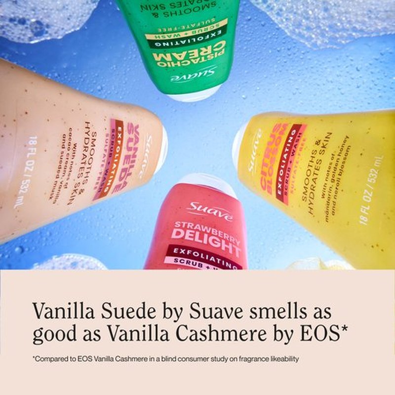 Suave Vanilla Suede Exfoliating Body Wash & Scrub with Glycerin & Vitamin E, Sulfate-Free Hydrating Cleanser for Soft, Smooth Skin, 6 Count, 18 FL OZ