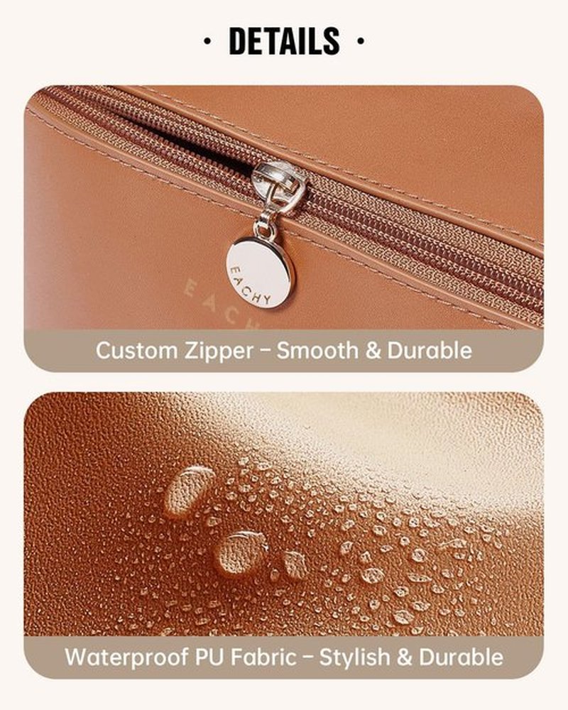 EACHY Travel Makeup Bag - Large Capacity Waterproof PU Leather Cosmetic Organizer for Women