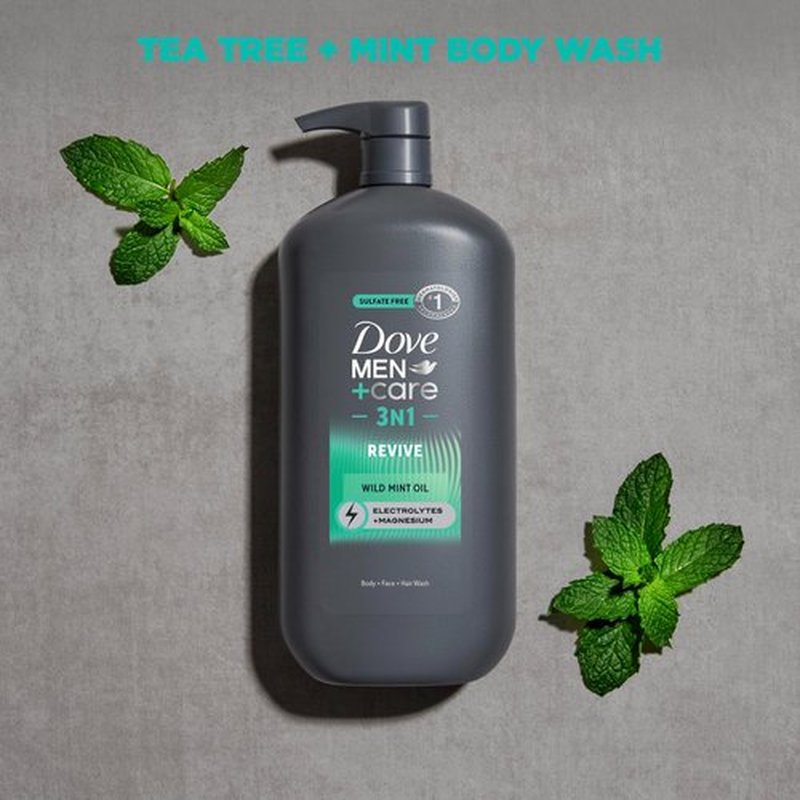 DOVE MEN + CARE Body and Face Wash Invigorating Revive 3N1 with Tea Tree Oil, with 24-Hour Nourishing Micromoisture Technology, 30 oz