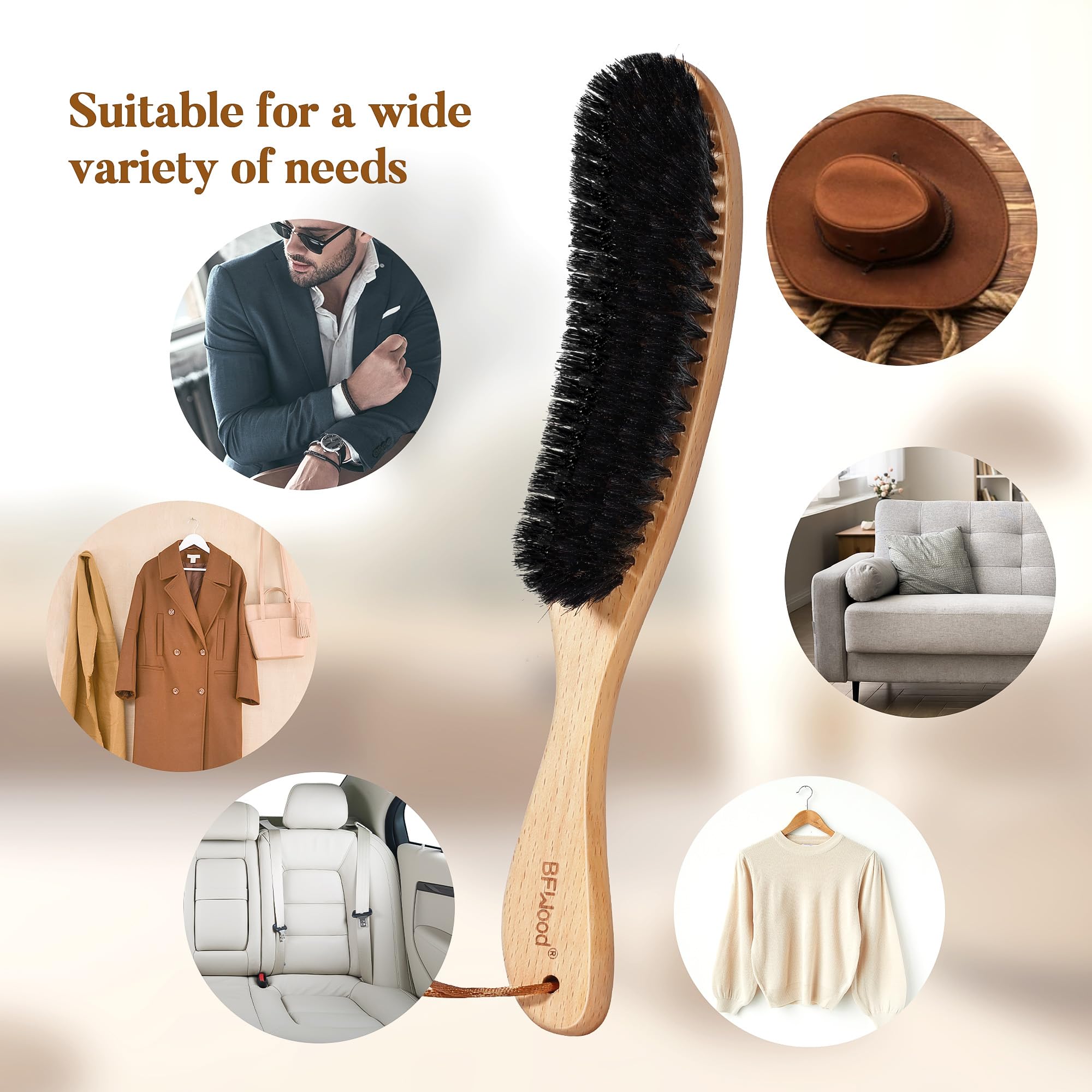 BFWood Clothes Brush, Boar Bristle Hat Brush Lint Brush for Suits, Cashmere, Wool, Velvet, Suede and Pet Hair, Large Beech Handle