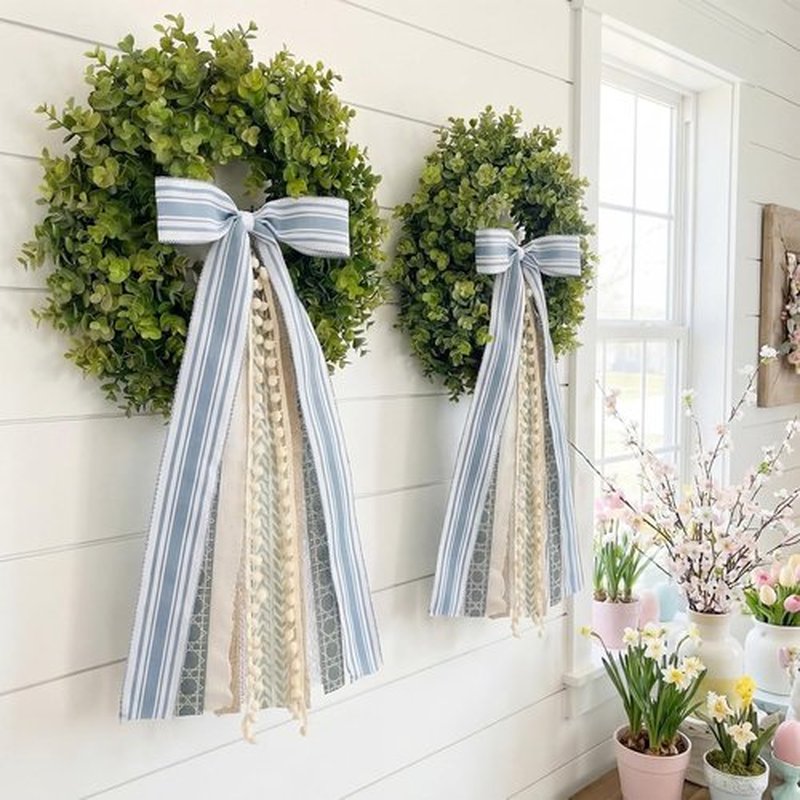 Suncalla Ribbon Bow Bundle - 2 Pcs Grayish Blue & Ivory for Large Wreaths | Indoor/Outdoor Decor