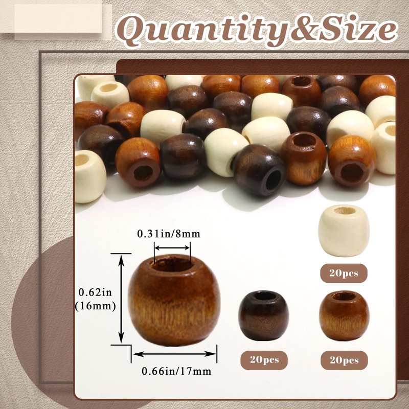 VENOFEN 60PCS Hair Beads Large Hole Wooden Bead Dreadlock Decoration Mixed Color Loc Hair Accessories for Women and Men