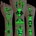 96PCS Alien Temporary Tattoos Luminous Neon Pre-Cut for Kids Boys Girls Birthday Party Favors Supplies Decorations Classroom Rewards Halloween Space Galaxy UFO Theme Glow Stickers (Glow in the dark)