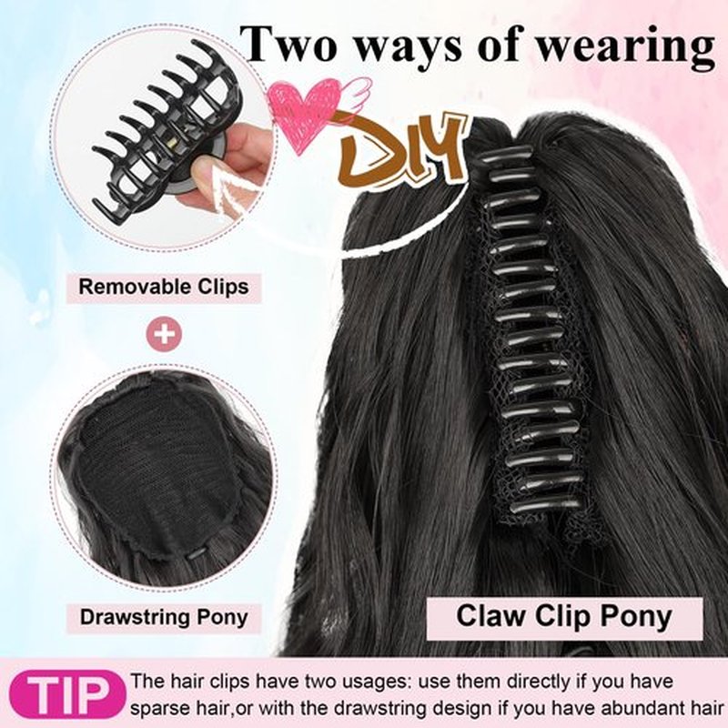 LRSICAL Ponytail Extension, Claw Clip Ponytail Extension Long Wave Black Ponytail Extensions for Women Fluffy Natural Synthetic 26 Inch Hairpiece for Daily Use