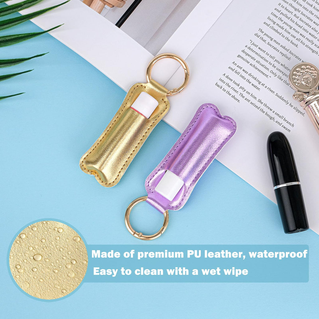 WK IEASON Lip Balm Holder Keychain Clip On PU Leather Lipstick Sleeve Pouch Lip Gloss Holder Lip Balm Sleeve Holder Keychain 3PCS（Purple/Silver/Gold）