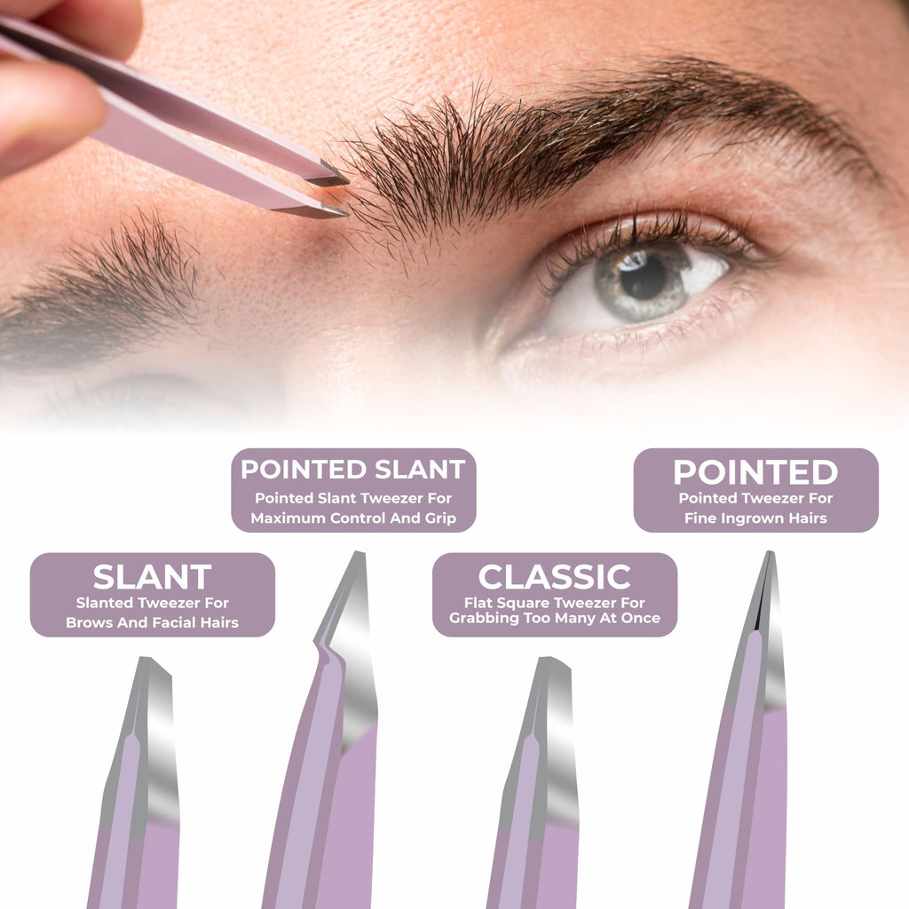 Professional Eyebrow Tweezers Set of 4 – Stainless Steel Precision Tools for Eyebrows, Facial Hair & Ingrown Hair Removal – Slant, Pointed & Flat Tips with Travel Case for Women & Men