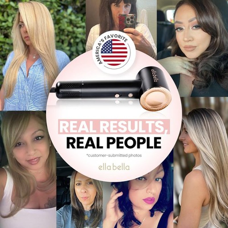 ELLA BELLA® Compact Plasma Hair Dryer, Advanced Plasma Technology Blow Dryer with Digital Display, Rapid Drying, Low Noise, & Luxury Velvet Travel Bag - Includes Diffuser & Nozzle- for All Hair Types
