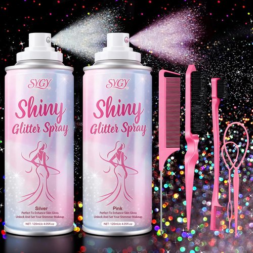 Body Glitter Spray - Hair Body & Clothing Temporary Shiny Shimmer Mist, Silver & Pink with Comb Set, Long-Lasting Quick-Drying Hairspray, Cosmetic-Grade Sparkle for Festival Rave Prom Party