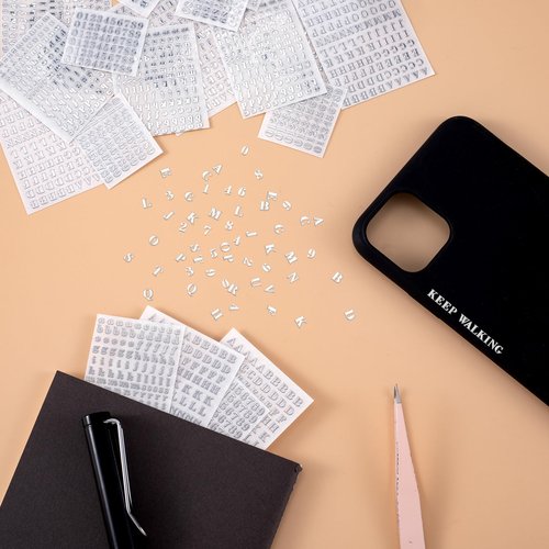 ANCIRS 24 Pack Resin Mini Letter Stickers for Nail Art - Glittering Epoxy Alphabet Number Stickers - Self Adhesive, Silver
