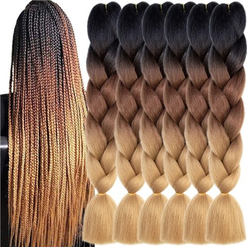 TENGSHUO FLY Black to Brown to Light Brown Braiding Hair 6 Packs Synthetic Braid Hair Extensions Ombre Braiding Hair 24 Inch or Box Braids Twist Crochet Braids(24"6Pack,Black to Brown to Light Brown)
