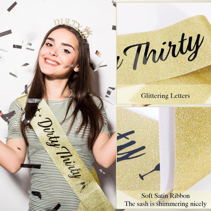 Atoden 30th Birthday Decorations for Her 30th Birthday Sash and Crown Dirty 30 Tiara Headband Dirty Thirty Queen Crown Gifts for 30 Year Old Women Gold