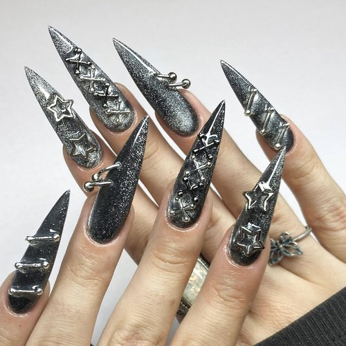 TemBelle 165PCS Silver Nail Charms Bulk Set with Star, Planet, Cross & More; 165 Count; Metal Alloy with Rhinestones; Mix Shape; Nail Art Accessories