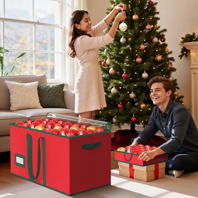 Christmas Ornament Storage Box - Store 128 Ornaments | Dual Zipper Closure & Adjustable Dividers