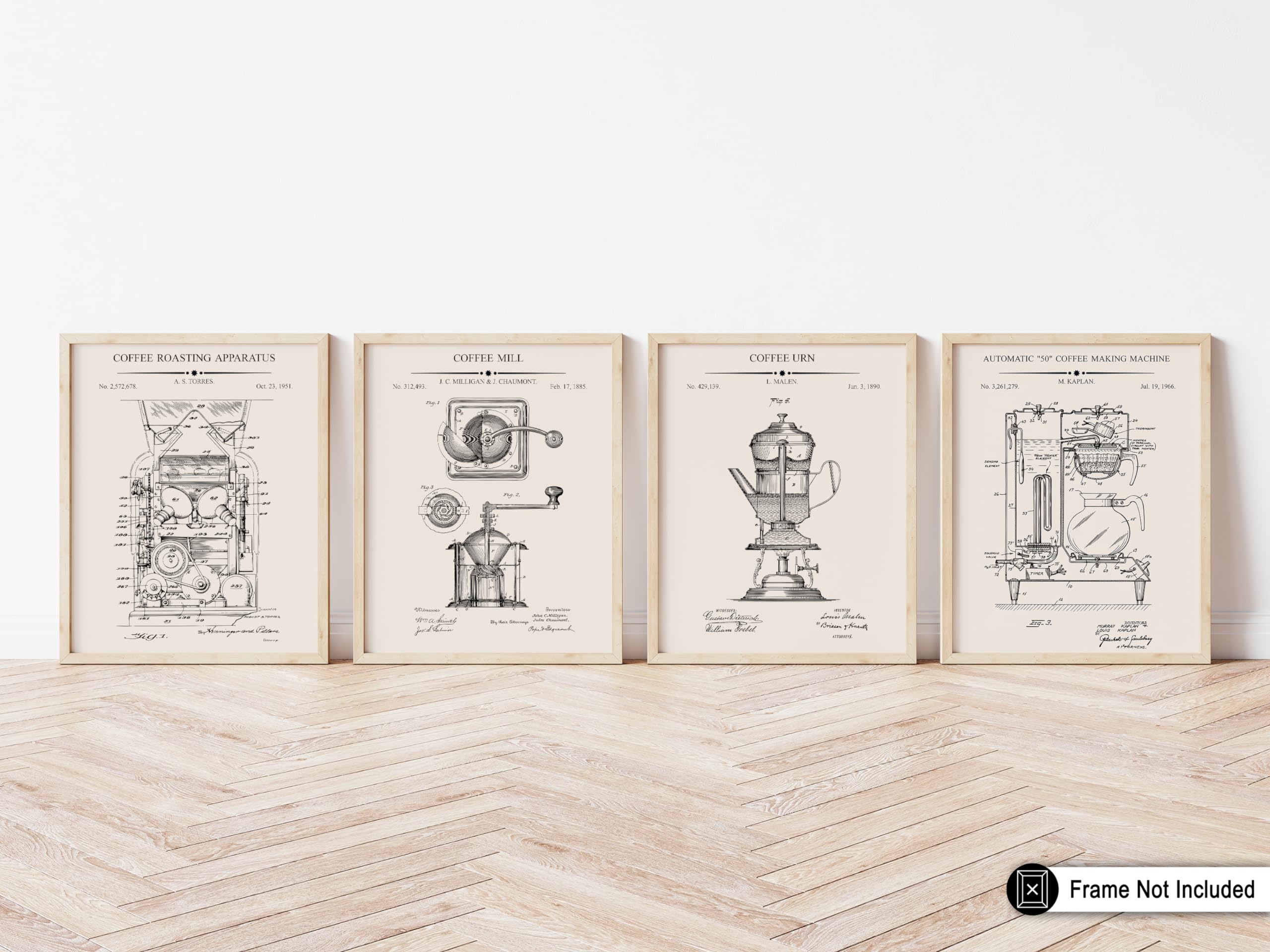 Monem Art 4-Piece Coffee Blueprint Poster - Roaster Patent Print - Coffee Mill Making Machine & Pot Art - Cafe Wall Decor - 8x10 UNFRAMED Wall Art