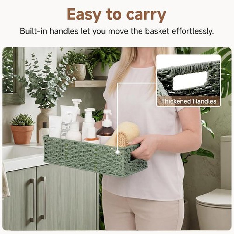 StorageWorks Small Wicker Toilet Basket - Stylish Sage Green Bathroom Organizer with Built-in Handles