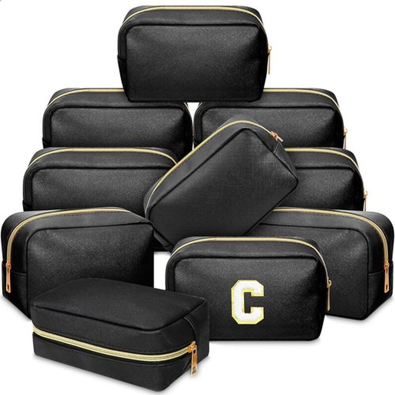 Sweetude Makeup Bag Set - 10 Pcs PU Leather Cosmetic Pouches for Women | Travel Toiletry Bags (Black)