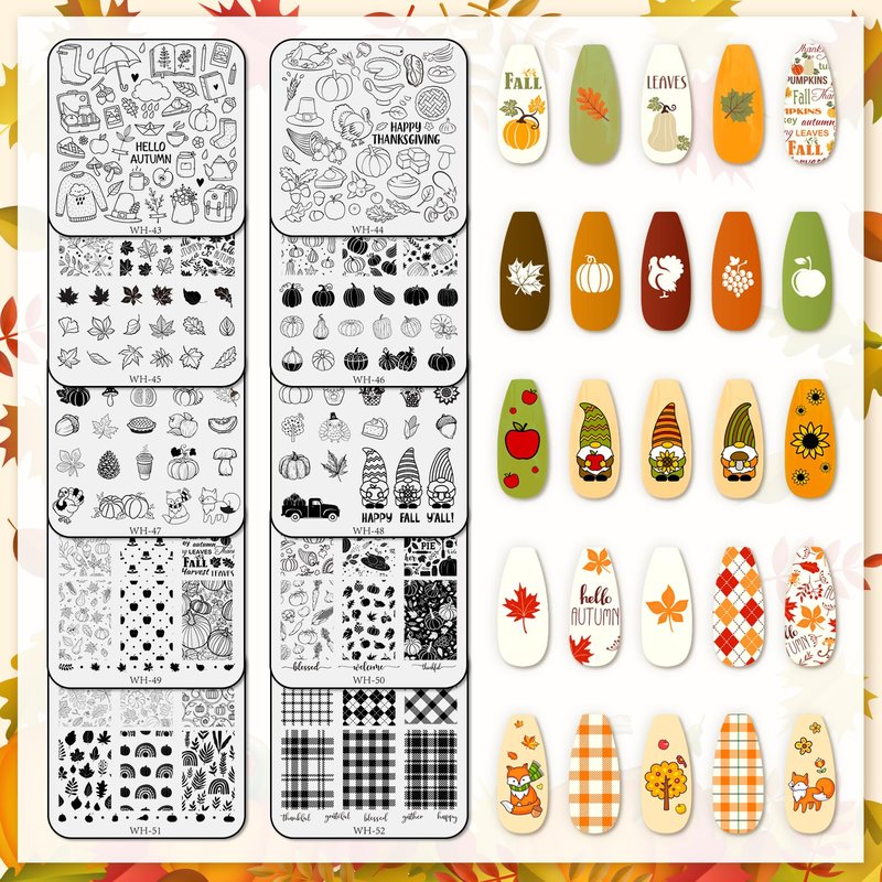 Whaline 10 Sheet Thanksgiving Nail Art Stamping Plates Kit Happy Fall Pumpkins Maple Leaf Gnome Plaid Autumn Blessings Collection Nail Art Plate for Autumn Thanksgiving Design DIY Print