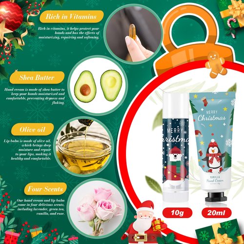Heigble 12 Set Christmas Hand Cream Gift Set, Including Moisturizing Hand Lotion, Xmas Lip Balm, Gauze Bags, Thank You Cards Natural Fragrant Bulk Christmas Gifts for Coworkers Employees Stuffers