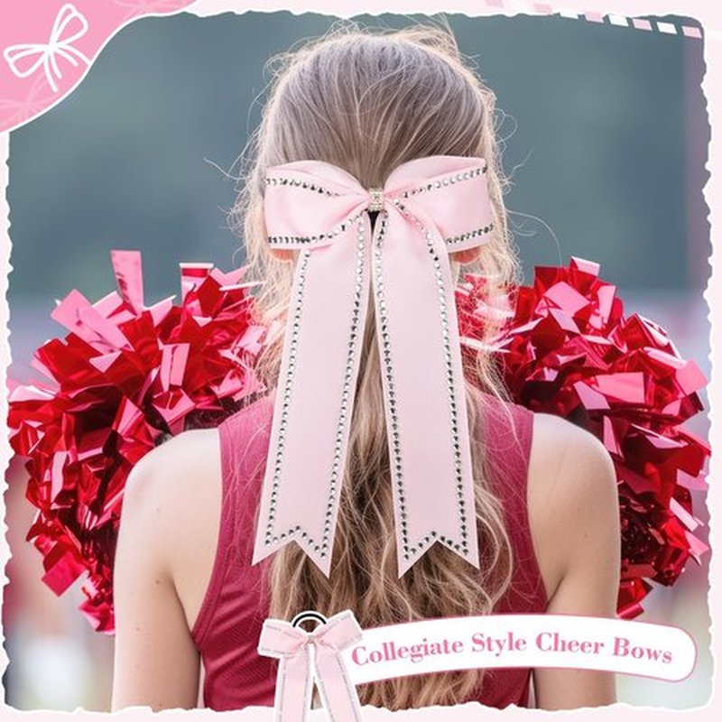 DEEKA Long Tail Rhinestones Cheer Bows 12 PCS Collegiate Style Cheer Bows Full Rhinestone Skinny Cheer Bow Ponytail Holder Handmade Bows for Girls Teens Cheerleader Sports (Light Pink)