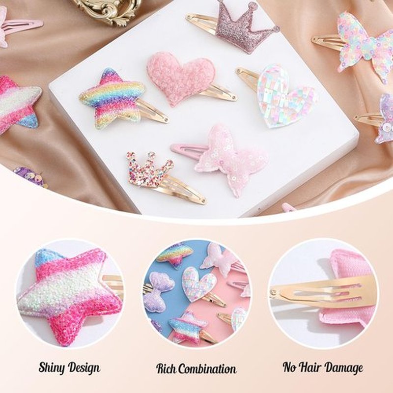 16 Pcs Hair Clips for Teens,Sparkly Metal Snap Barrettes, Cute Glitter Toddler Flower/Star/Crown/Heart/Butterfly Hair Accessory Multicolor Shaped Hair Accessories