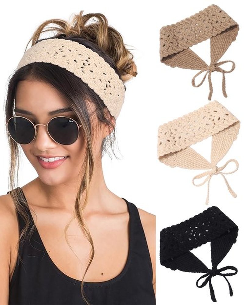 HAIMEIKANG Hippie Hair Bandana Headbands for Women Boho Headband Knit Hair Bands Floral Head Wrap for Women and Girls(Black+Beige+Coffee)