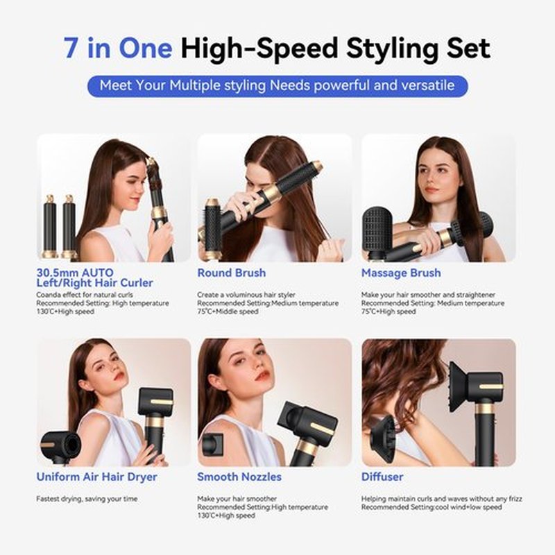 Blow Dryer Brush 7 in One, Negative Ion Hair Set Upgrade Hot Air Styler Wrap Curler, Curling Iron Styling Tools As A Gift for Straight/Curl/Drying/Smoothing