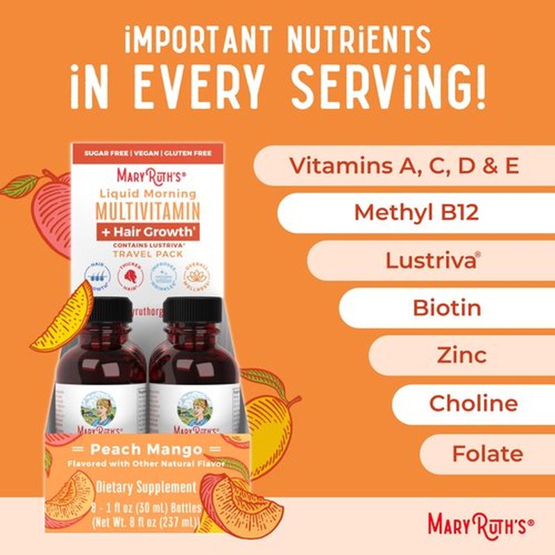 MaryRuth's Liquid Multivitamin + Hair Growth Travel Pack | 8 ct | Biotin 10000mcg | Lustriva Hair Growth Supplement | Clinically Tested in Women for Thicker Hair & Facial Wrinkle | Ages 18+ | 1 Fl Oz