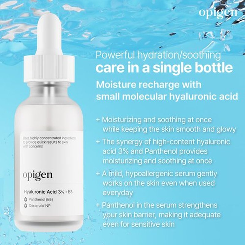 Opigen Hyaluronic Acid 3% + B5 Serum for Face with Panthenol, Ceramide, Intense Hydration, facial moisturizer, Visibly Plumped Skin 1oz Korean Skin Care