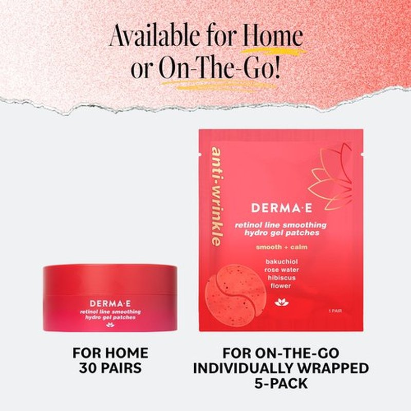 Derma E Retinol + Bakuchiol Under Eye Patches (30 Pairs) Non-Irritating, Line Smoothing Hydro Gel Eye Patches with Rose Water & Real Hibiscus Petals, Helps Reduce Fine Lines, Crow's Feet, 60ct