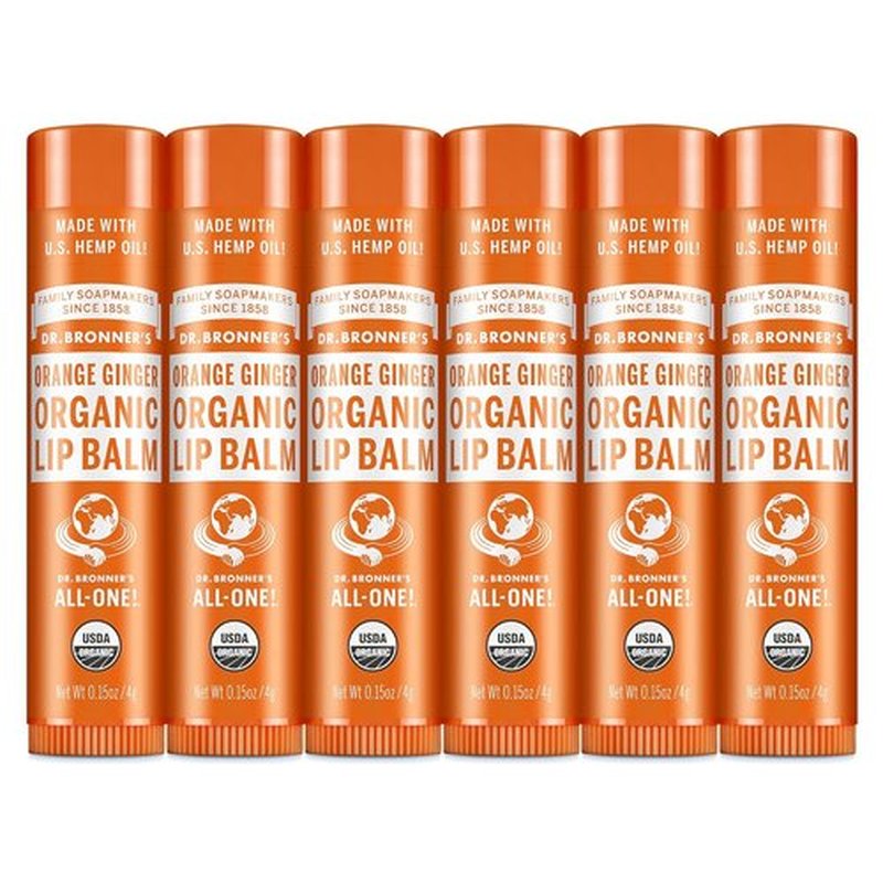 Dr. Bronner’s Organic Lip Balm - Natural, Moisturizing & Petroleum-Free | 6-Pack (.15oz) - Orange Ginger