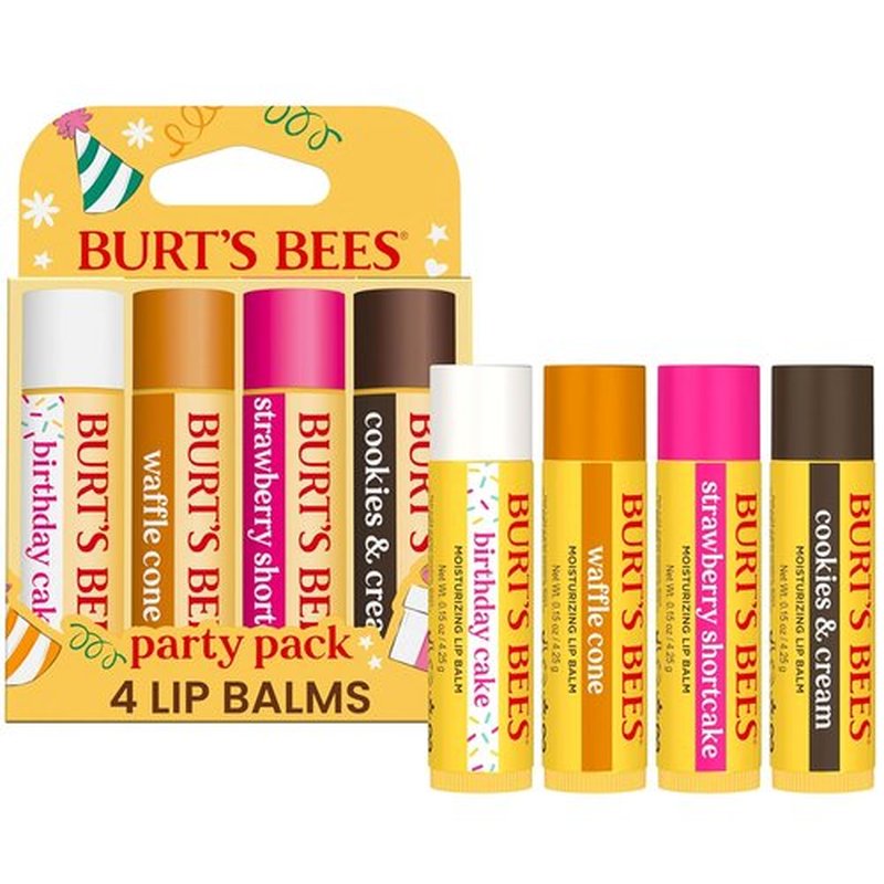 Burt's Bees Lip Balm Party Pack - All-Day Moisturizing, Tint-Free Natural Treatment | 4 Flavors, 4 Tubes, 0.15 oz Each