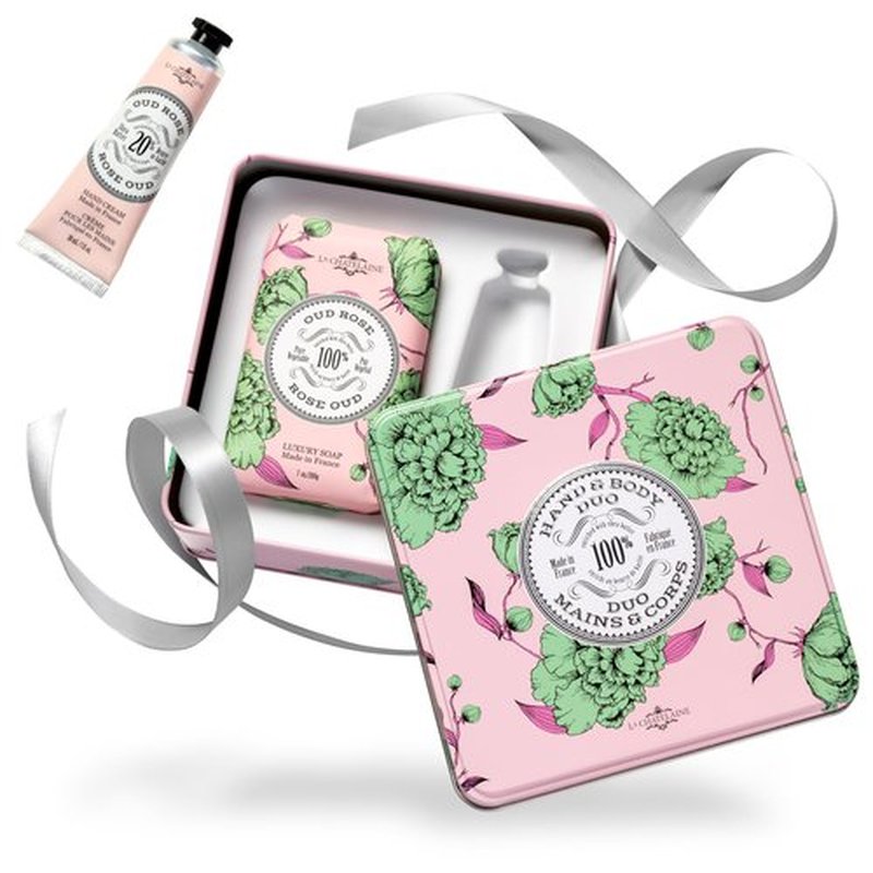 La Chatelaine Oud Rose Triple Milled Bar Soap and 20% Shea Butter Hand Cream Gift Set, Gift for Mom, Decorative Tin, Plant-Based, Natural & Organic, Made in France (7 oz. soap bar, 1 oz. hand lotion)