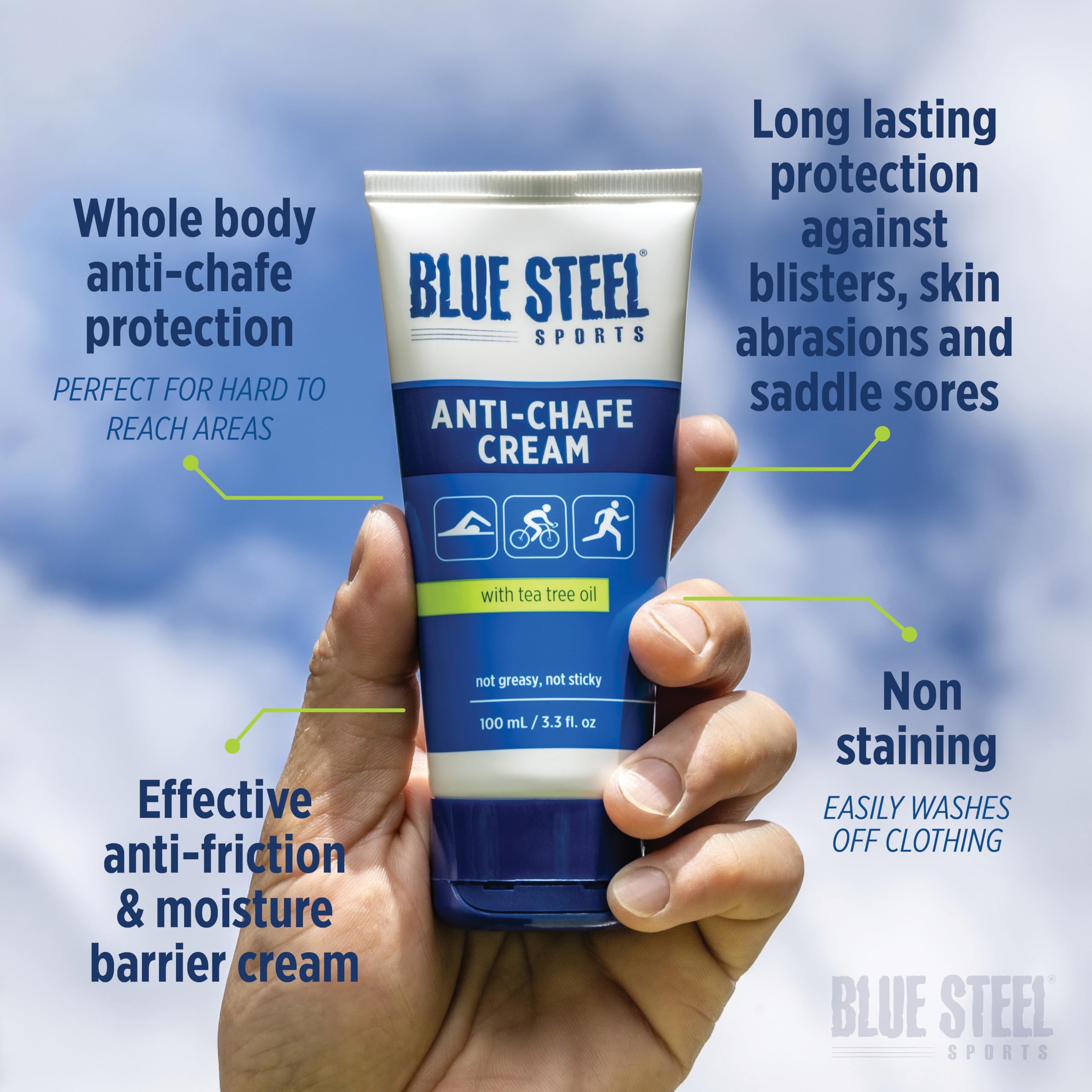 Blue Steel Sports Anti Chafe Cream 100ml – Long-Lasting Protection for Running, Cycling & Sports | Sweat & Water Resistant | Non-Greasy, Non-Staining | For Sensitive Skin, Men & Women