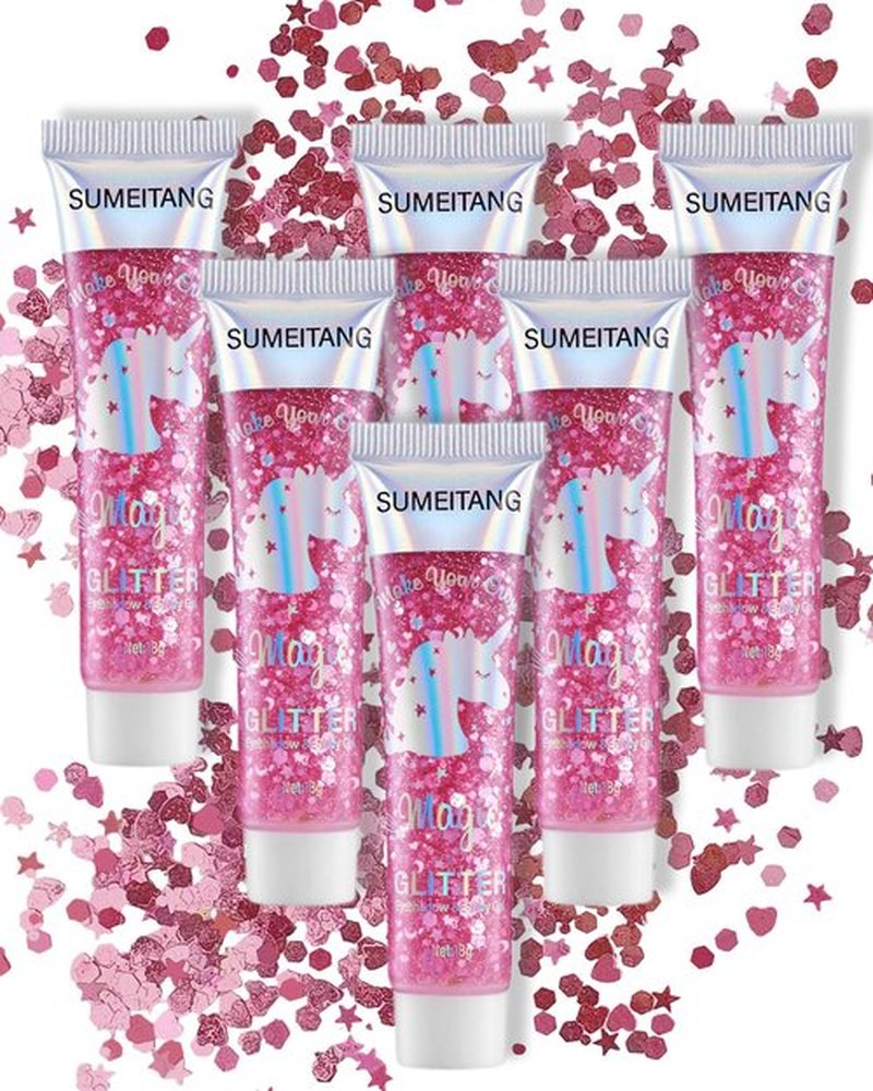 SUMEITANG 6PCS Pink Face Body Glitter Gel，Mermaid Holographic Sequins Chunky Glitter Paint for Party Singer Concerts Music Festival Rave Accessories for Girls Women Face Body Hair Sparkling Makeup