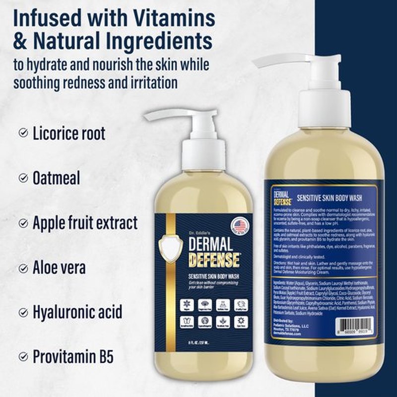 Dr. Eddie's Dermal Defense Sensitive Skin Body Wash - Unscented Body Soap, Hydrating Eczema Bodywash & Shampoo for Women & Men, Gentle Dry Itchy Skin Relief for Adults, Natural Ingredients - 8 fl oz