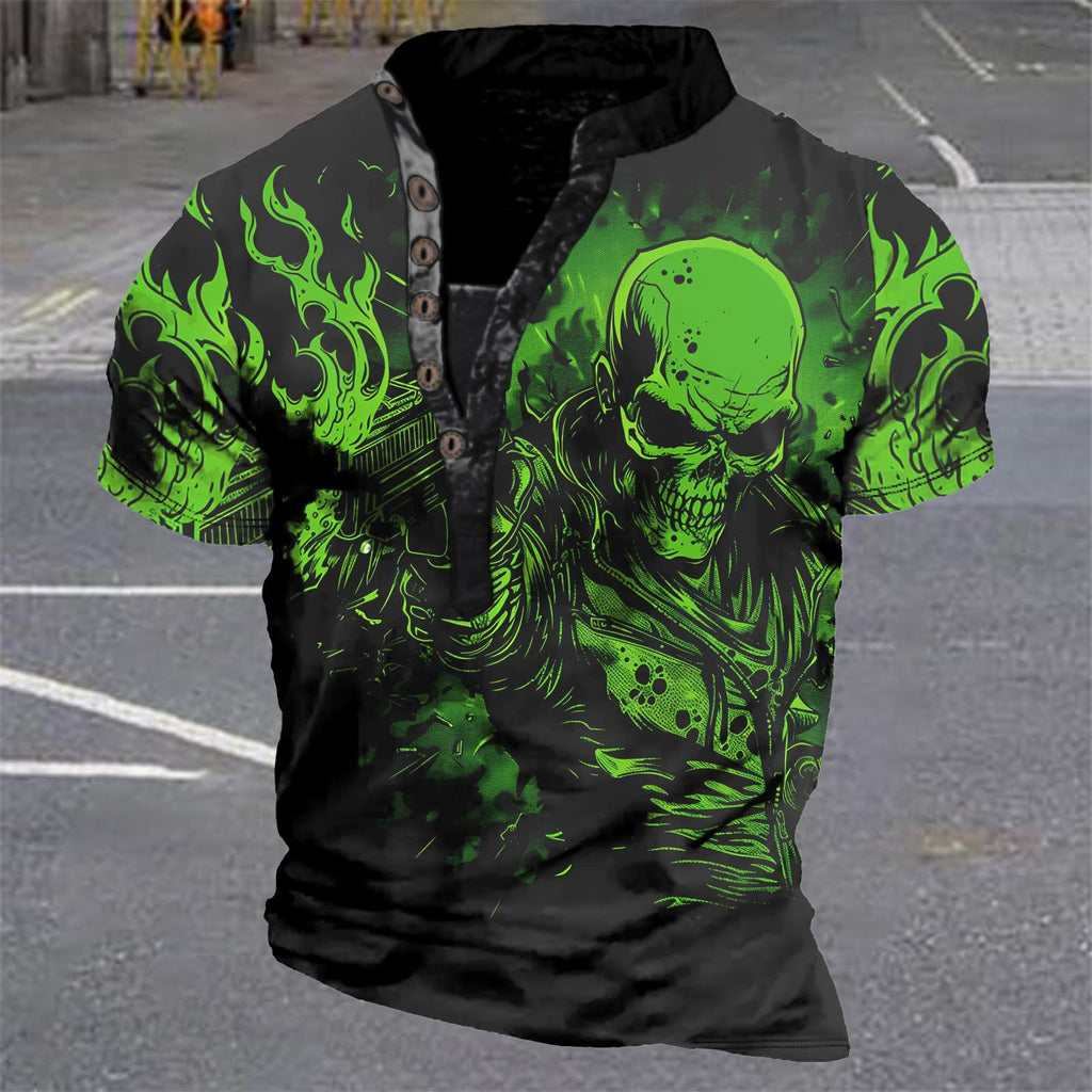 Big and Tall Henley Shirts for Men Skull Print Short Sleeve Pullover Half Button Stand Collared Casual Funny Fashion Tshirts Novelty Gym Workout Slim Fit Tunic Tops for Men,3XL