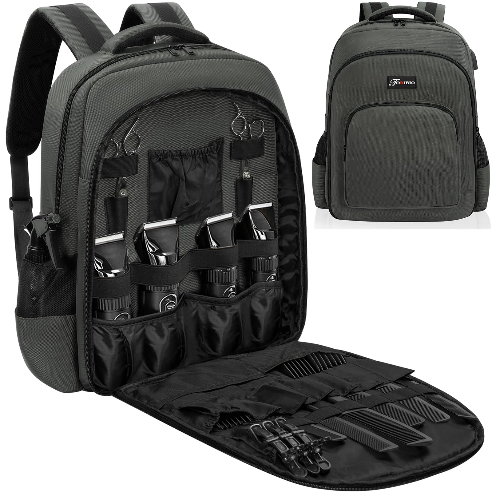 TORIBIO Barber Supplies Bag for Clippers and Supplies, Hairstylist Clipper Portable Backpack for Barber Tools (Gray)