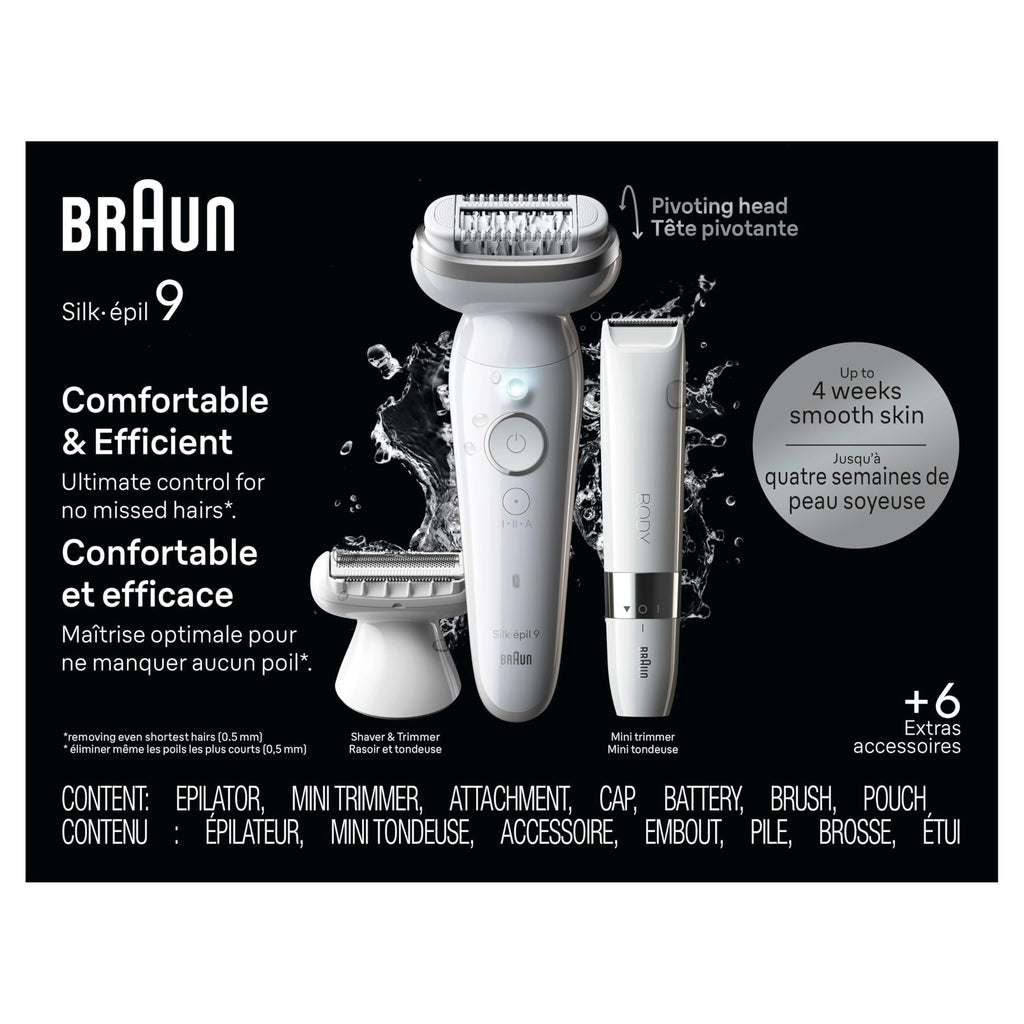 Braun Silk-épil 9 Epilator, Pivoting Head, Wet and Dry, Includes Body Trimmer, Shaver Head and Trimmer Comb, SES9-441