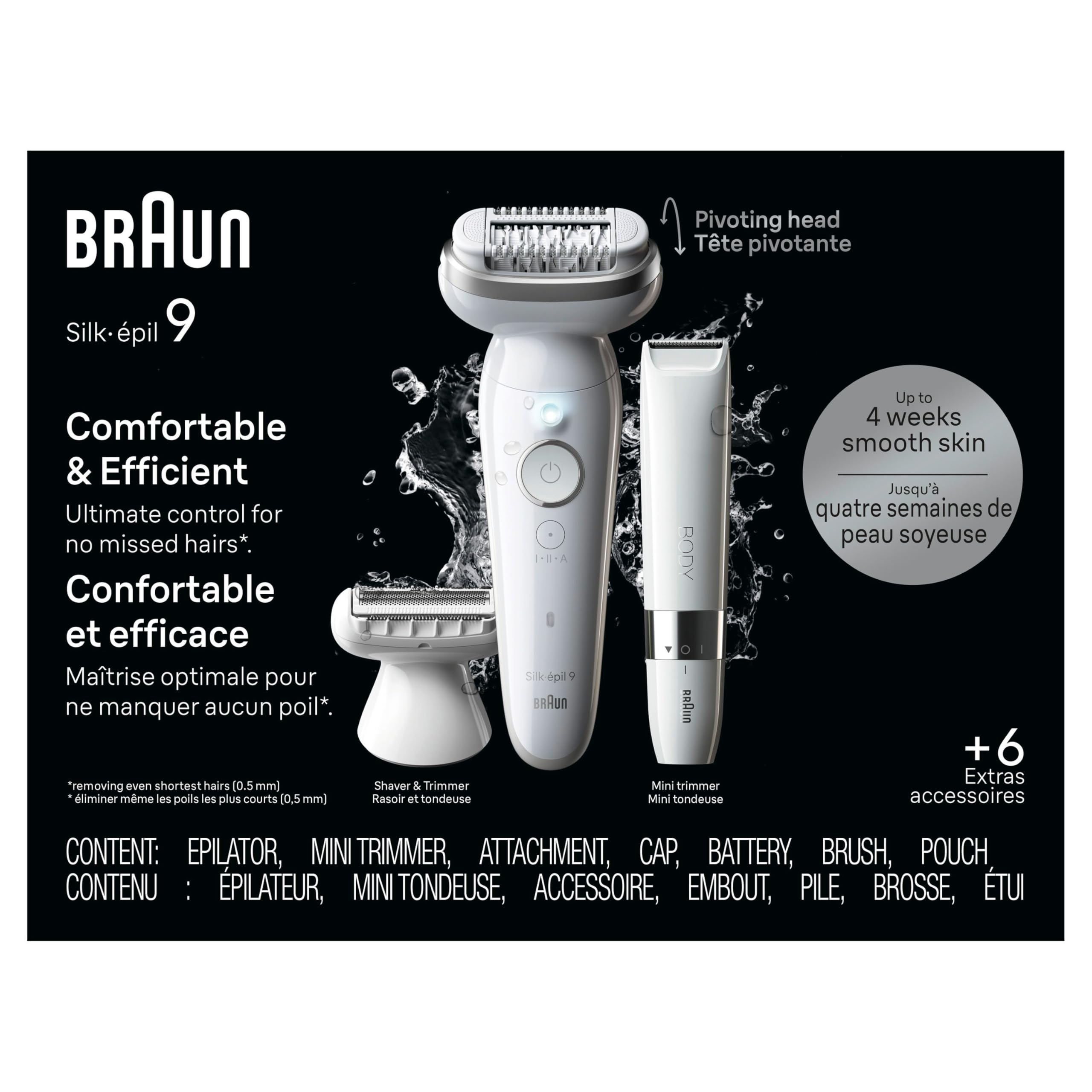 Braun Silk-épil 9 Epilator, Pivoting Head, Wet and Dry, Includes Body Trimmer, Shaver Head and Trimmer Comb, SES9-441