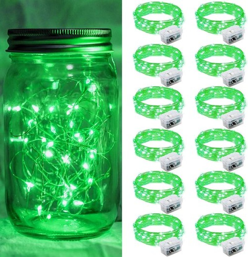 Green Fairy Lights - 12 Pack 7Ft 20 LED Twinkle String Lights | Battery Operated & Waterproof for Holidays