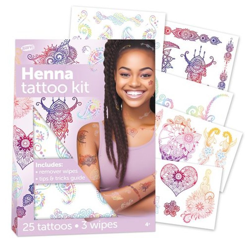 Savvi - 25 Henna Temporary Tattoos: Skin-Safe Ink, Box Set Includes Tattoo Remover Wipes, Great for Parties or Everyday Wear, Gifts for Boys and Girls Ages 4-12+ [5 sheets, 25 count]